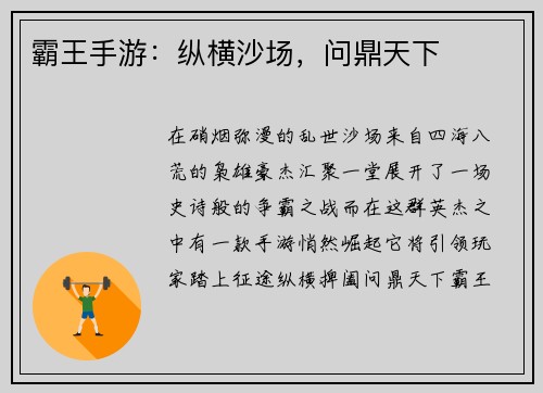 霸王手游：纵横沙场，问鼎天下