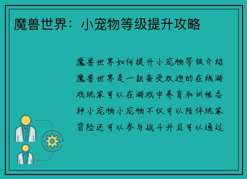 魔兽世界：小宠物等级提升攻略